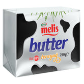 A 250g package of Melis - Salted Butter - 250g with 82% fat content, featuring cow print packaging and text in both English and Turkish.